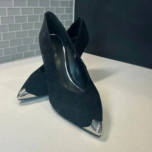 Gianni Bi Black Suede Pumps Silver Metal Accents Size 10 - Picture 4 of 8